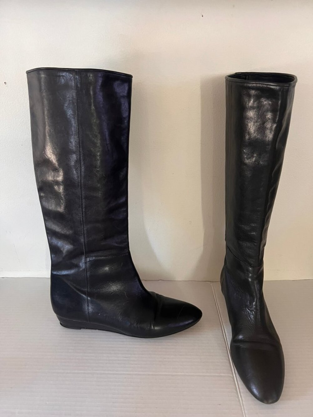LOEFFLER RANDALL LEATHER KNEE HIGH WEDGE BOOTS SIZE 10.5